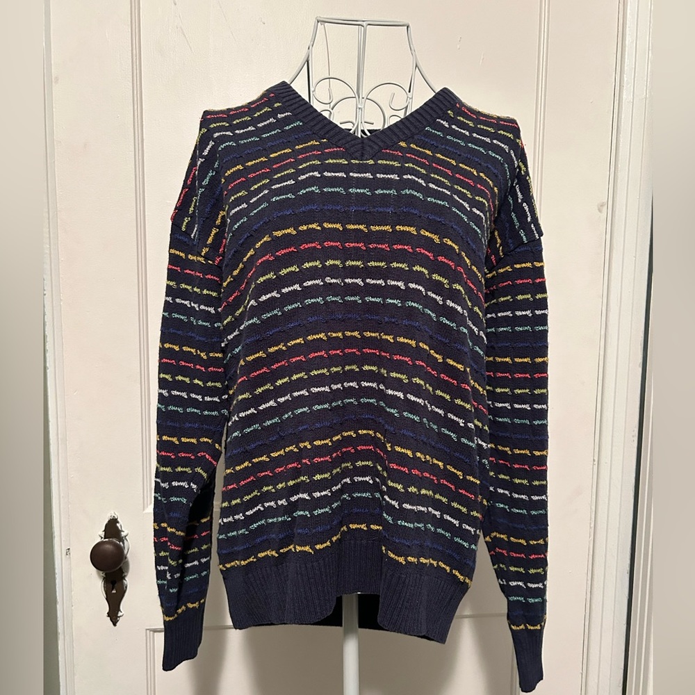 Equilibrio sweater, navy and rainbow stripe